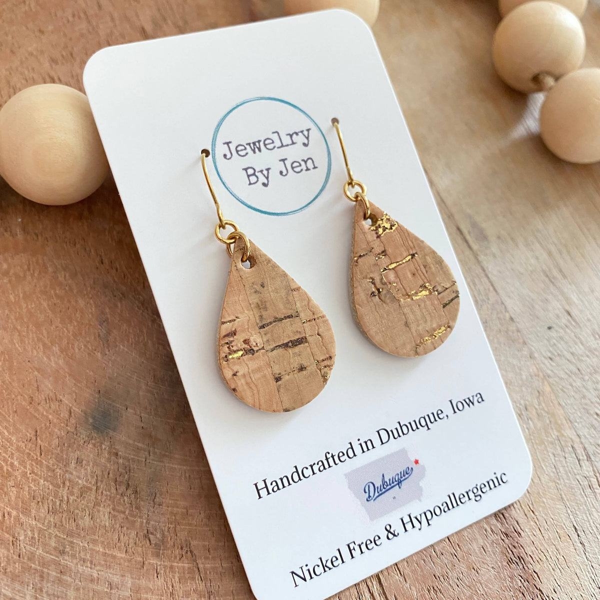 Cork Teardrop Earrings with Gold Accents – Small