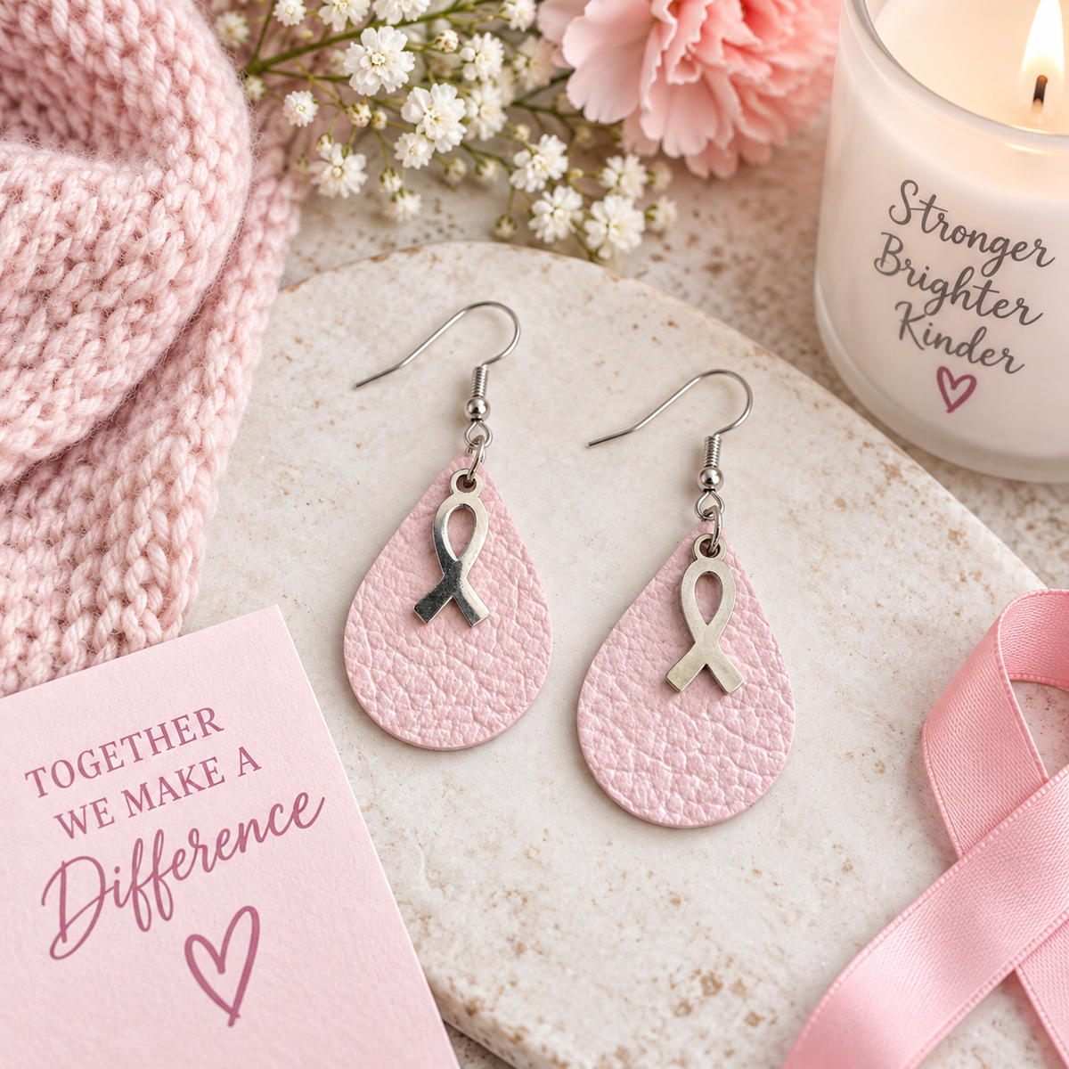 Pink Awareness Ribbon Leather Earrings, Teardrop- Nickel-Free