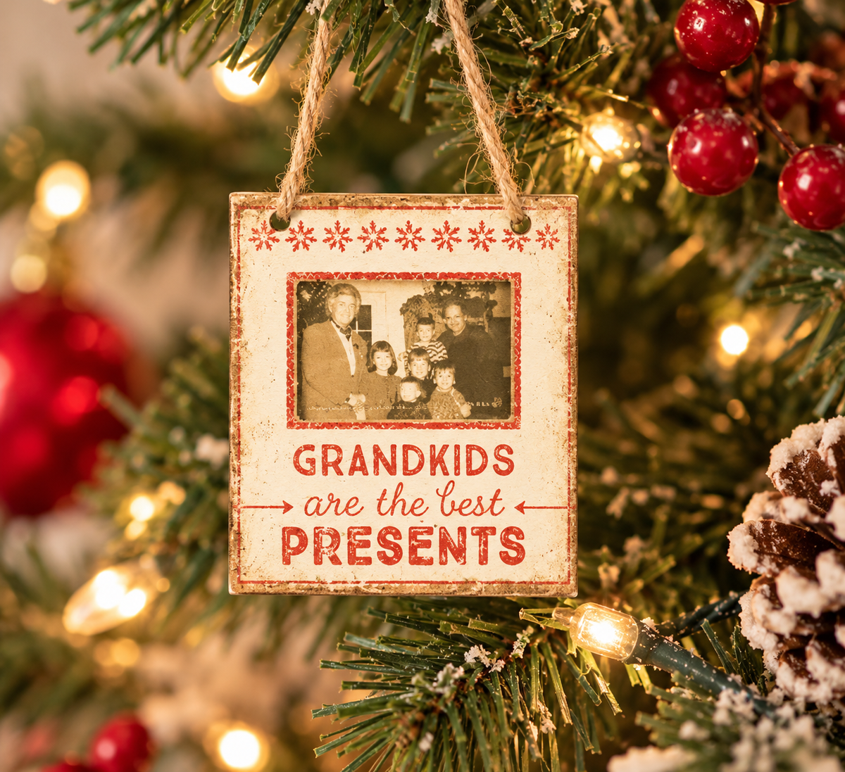 Grandkids Are the Best Presents Mini Frame – Rustic Christmas Photo Ornament (Holds 3" x 2" Photo)