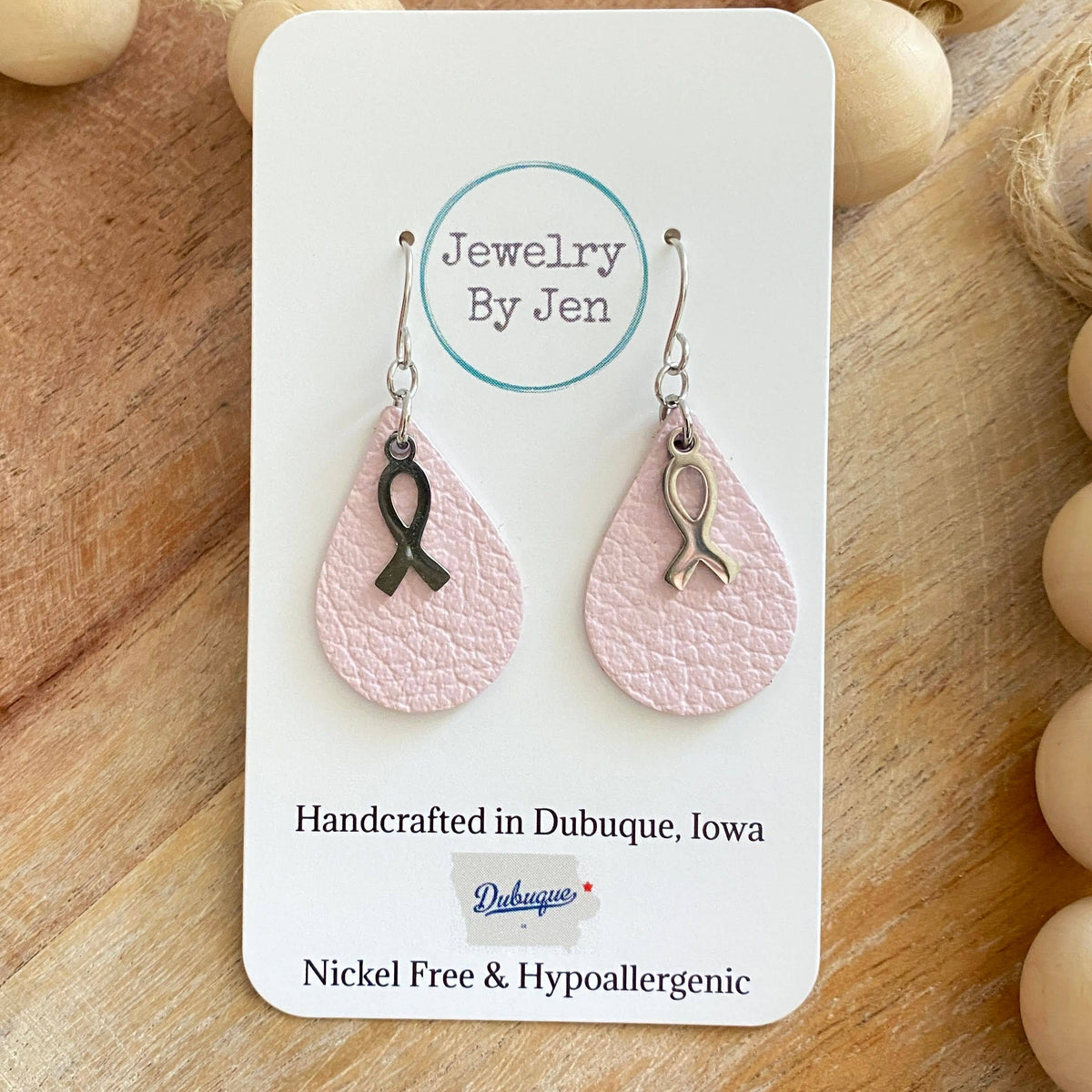 Pink Awareness Ribbon Leather Earrings – Small Teardrop