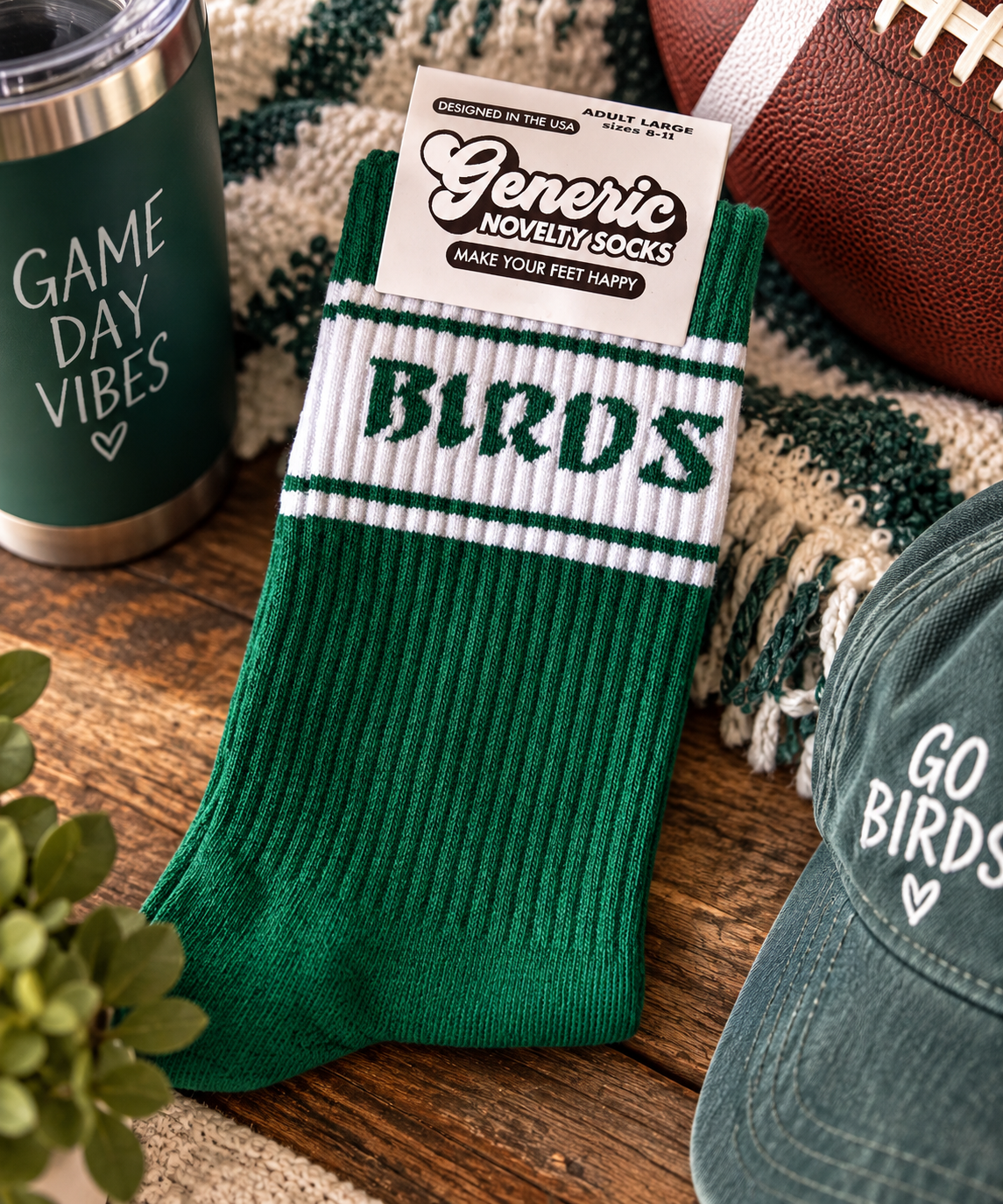 Green "Birds" Game Day Socks | Eagles Fan Crew Socks, Unisex Youth & Adult