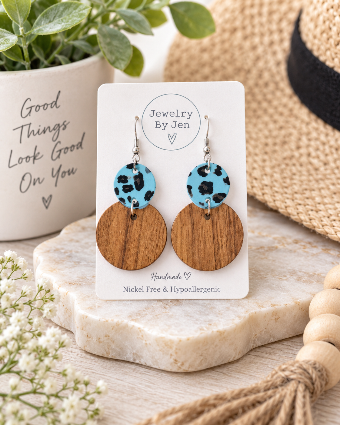 Turquoise Leopard Print Earrings | Wood & Leather Dangle Earrings, Hypoallergenic Stainless Steel
