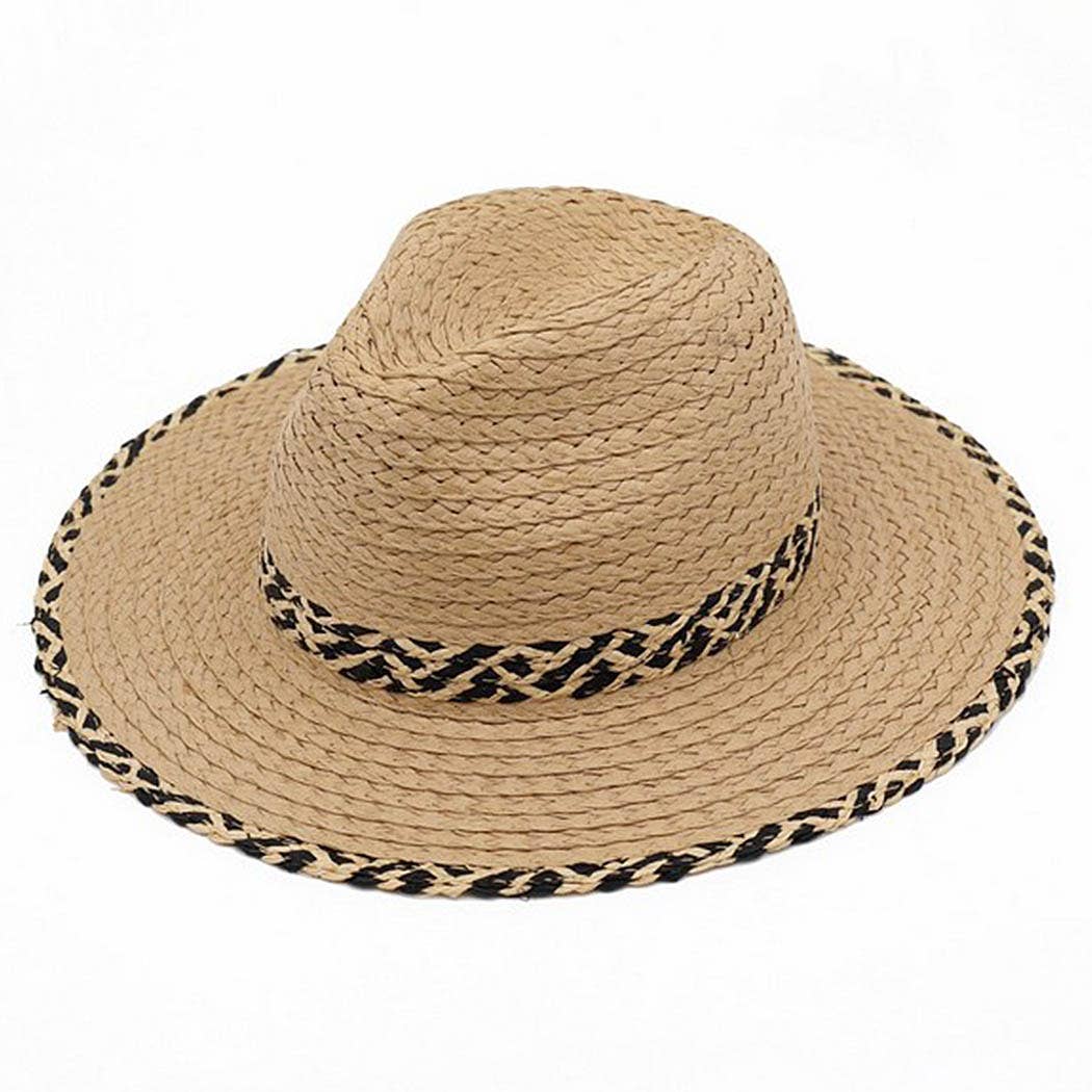 Straw Fedora Hat With Two Tones Geometric Woven Band And Mat