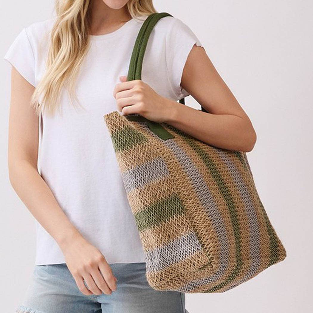 Natural Brown Multi Color Stripe Straw Tote Bag