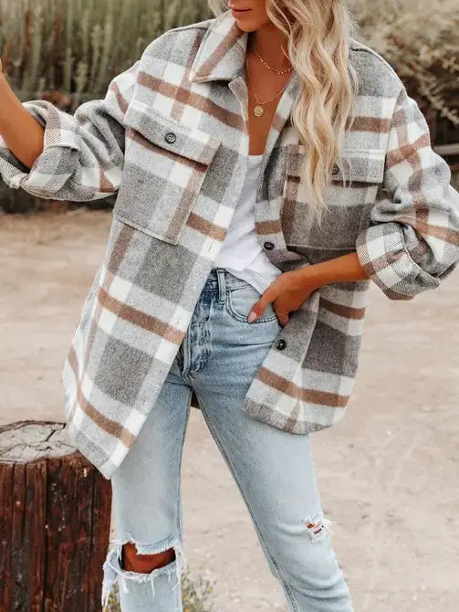Plaid Button Flannel Shirt Jacket