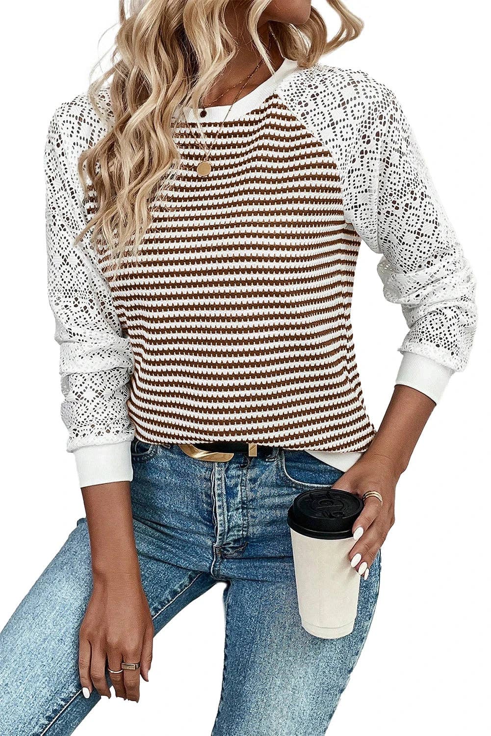 Stripe Textured Knit Contrast Hollowed Lace Patchwork Long Sleeve Top