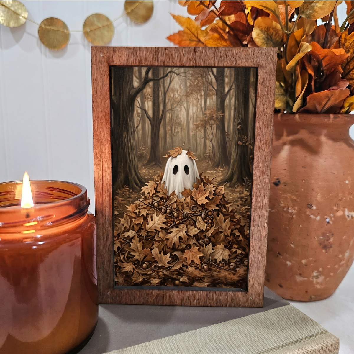 Fall Ghost in Leaves Wood Block Sign – 4x6 Halloween Decor