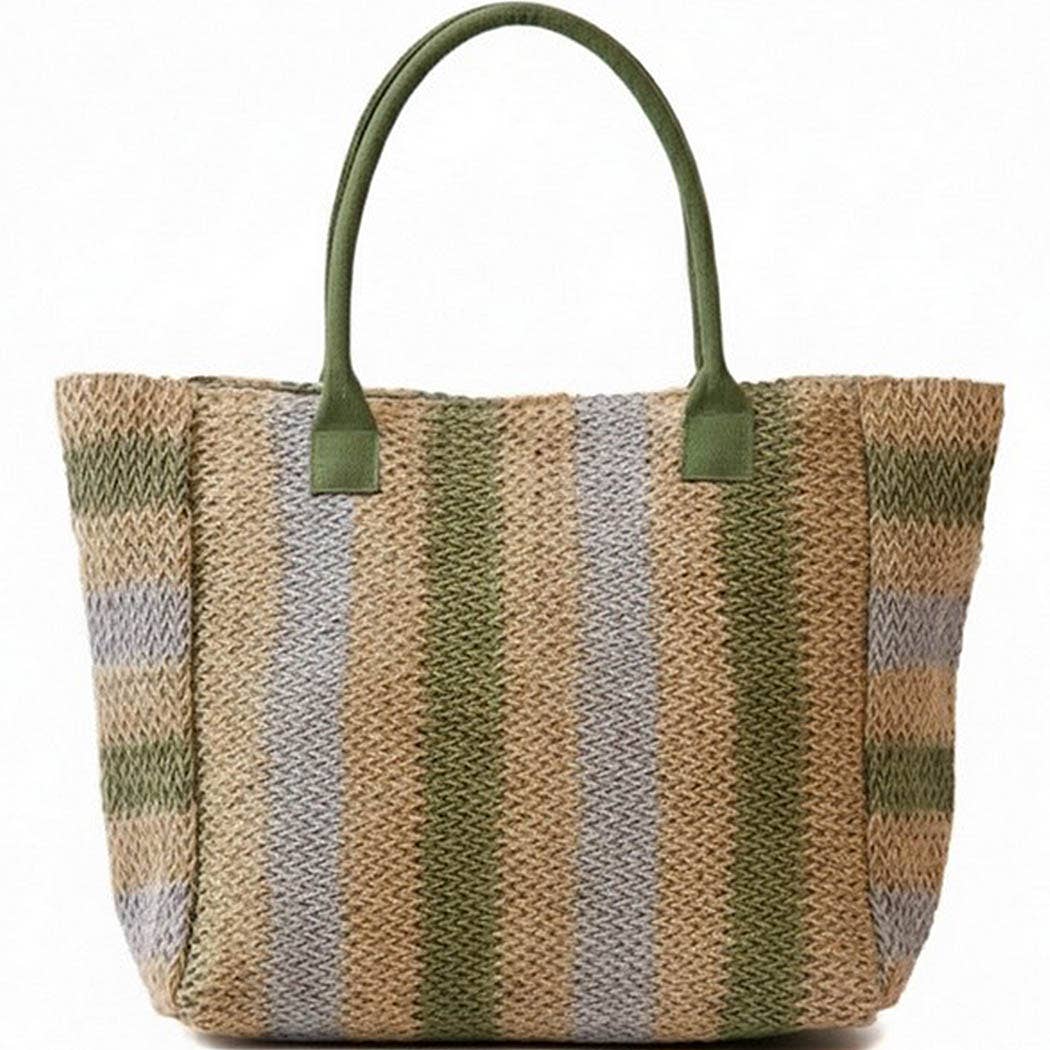 Natural Brown Multi Color Stripe Straw Tote Bag