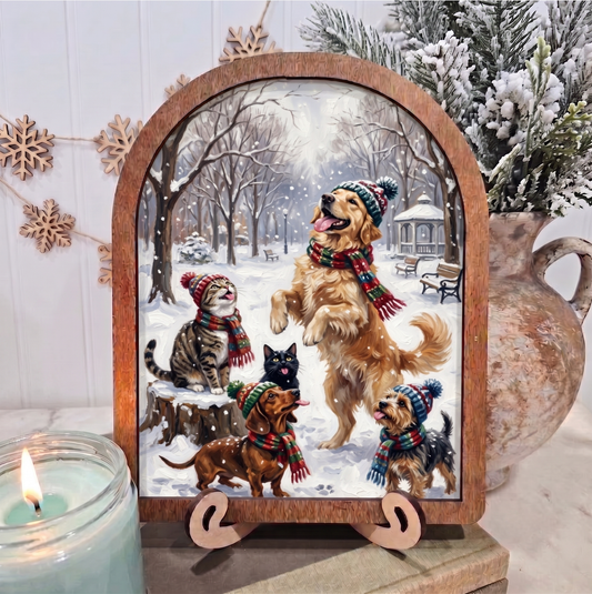 Arch Framed Art - Cats Dogs Catching Snow V2 Christmas