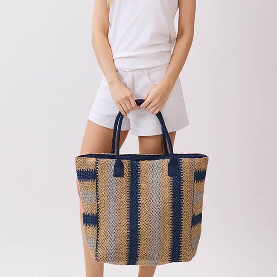 Natural Brown Multi Color Stripe Straw Tote Bag