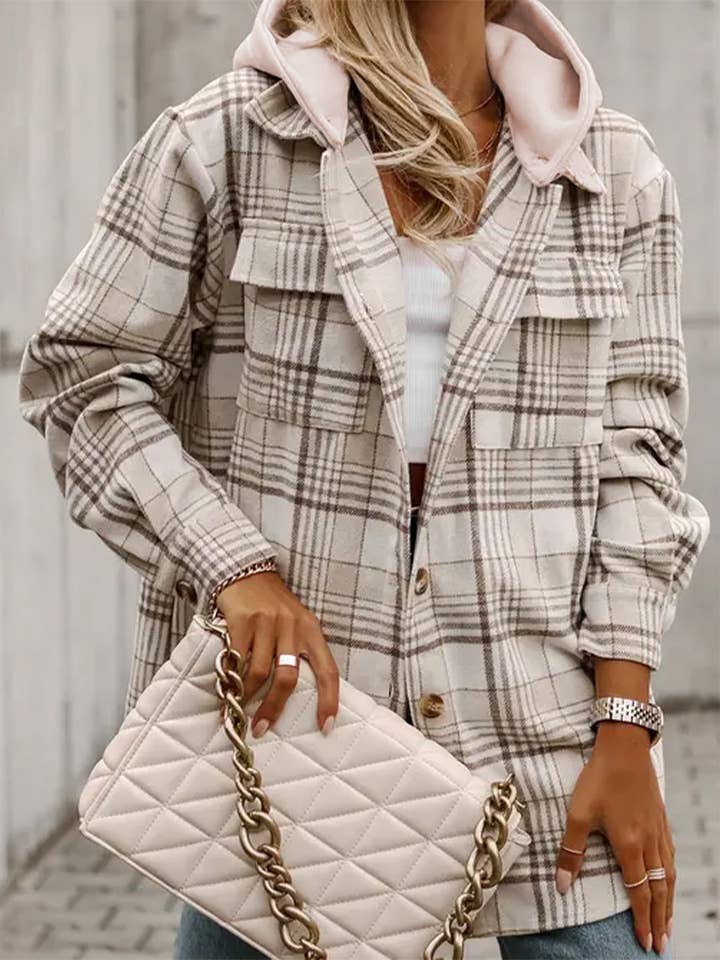 Khaki Plaid Shirt emovable Hood Buttoned Shacket