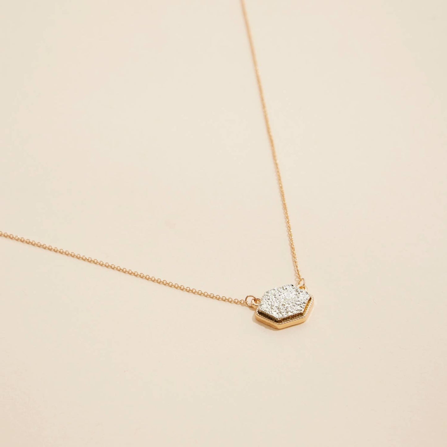 Hexagon Druzy Stone Charm Short Necklace
