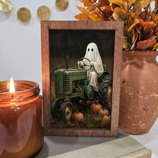 4x6 Wood Block Sign Art- Ghost on Tractor Fall Halloween