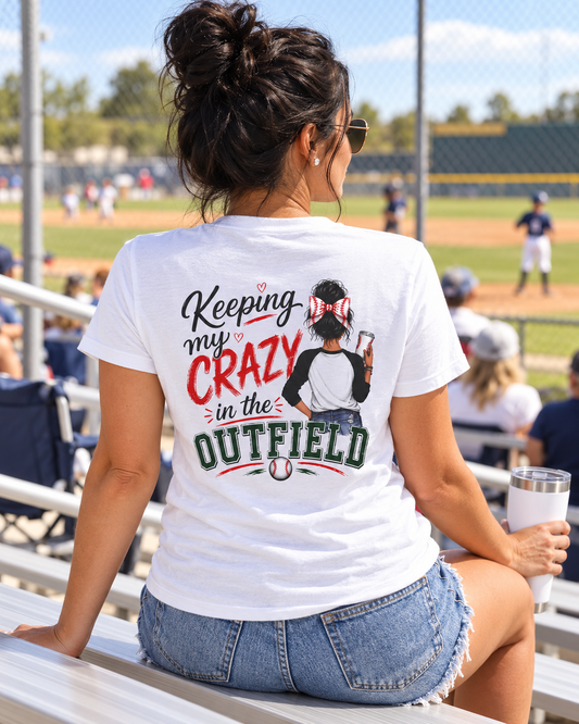 Keeping My Crazy in the Outfield Shirt – Dark Hair Baseball Mom Tee