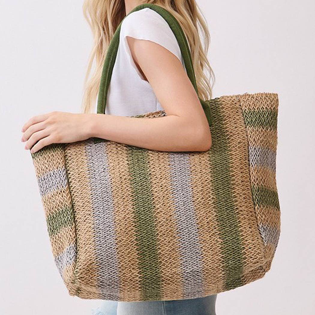 Natural Brown Multi Color Stripe Straw Tote Bag