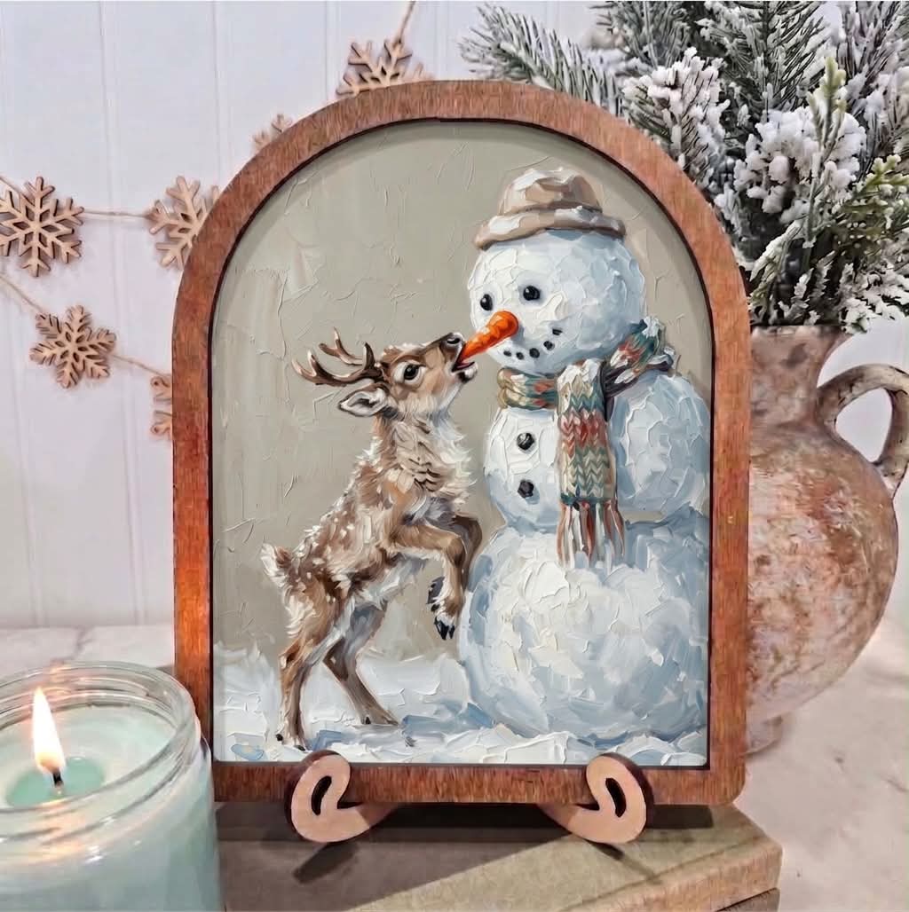Arch Framed Art - Baby Reindeer Eating Snowman Nose Christma
