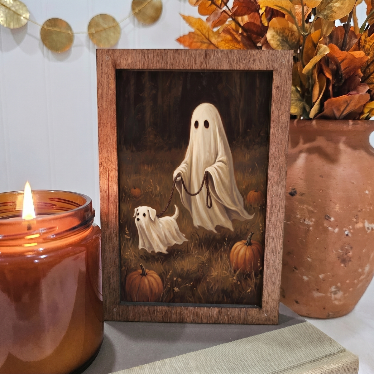 Ghost Walking Ghost Dog Wood Block Sign – 4x6 Halloween Decor