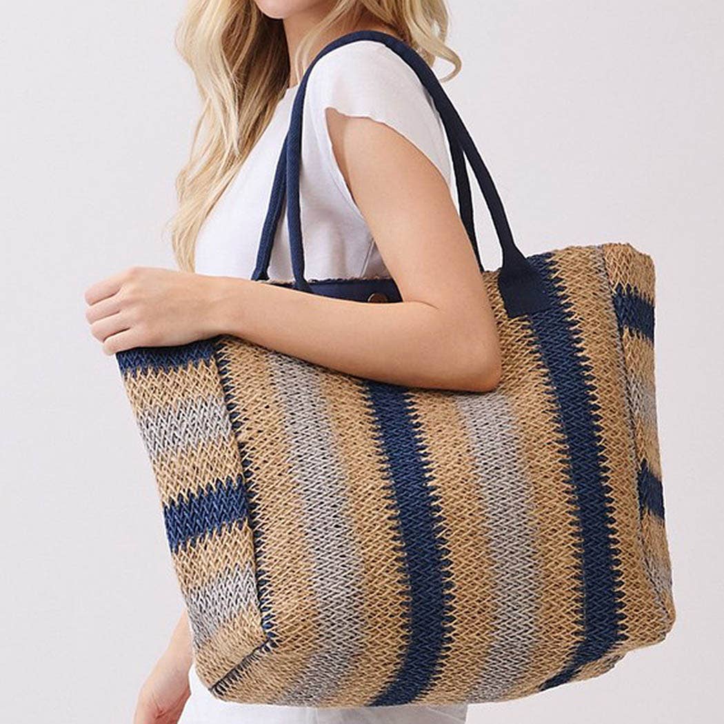 Natural Brown Multi Color Stripe Straw Tote Bag