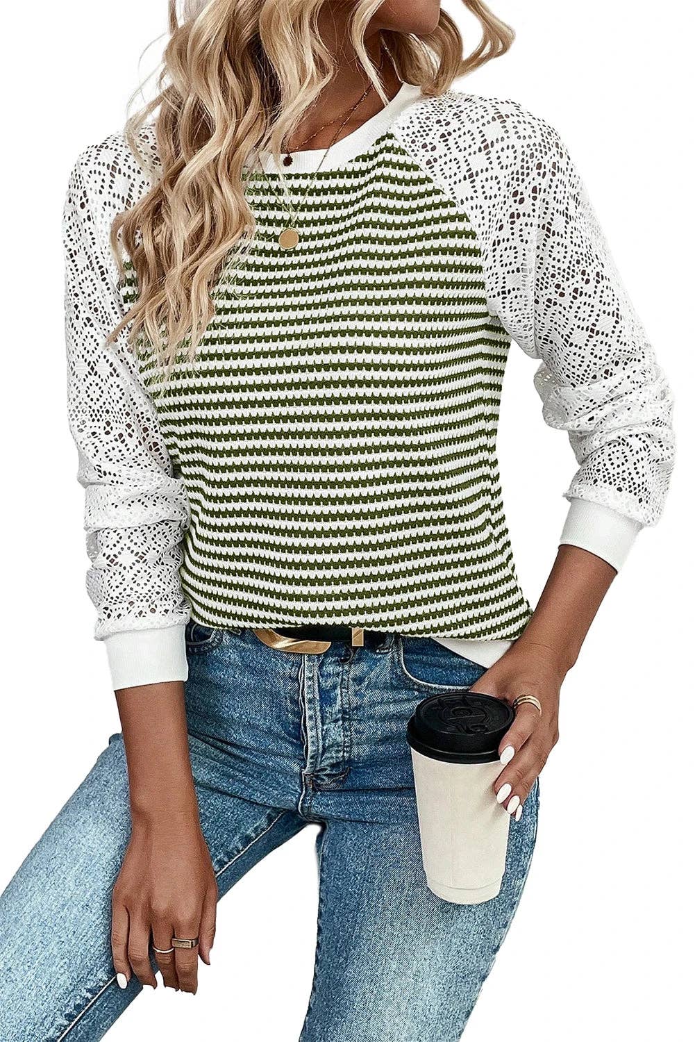 Stripe Textured Knit Contrast Hollowed Lace Patchwork Long Sleeve Top