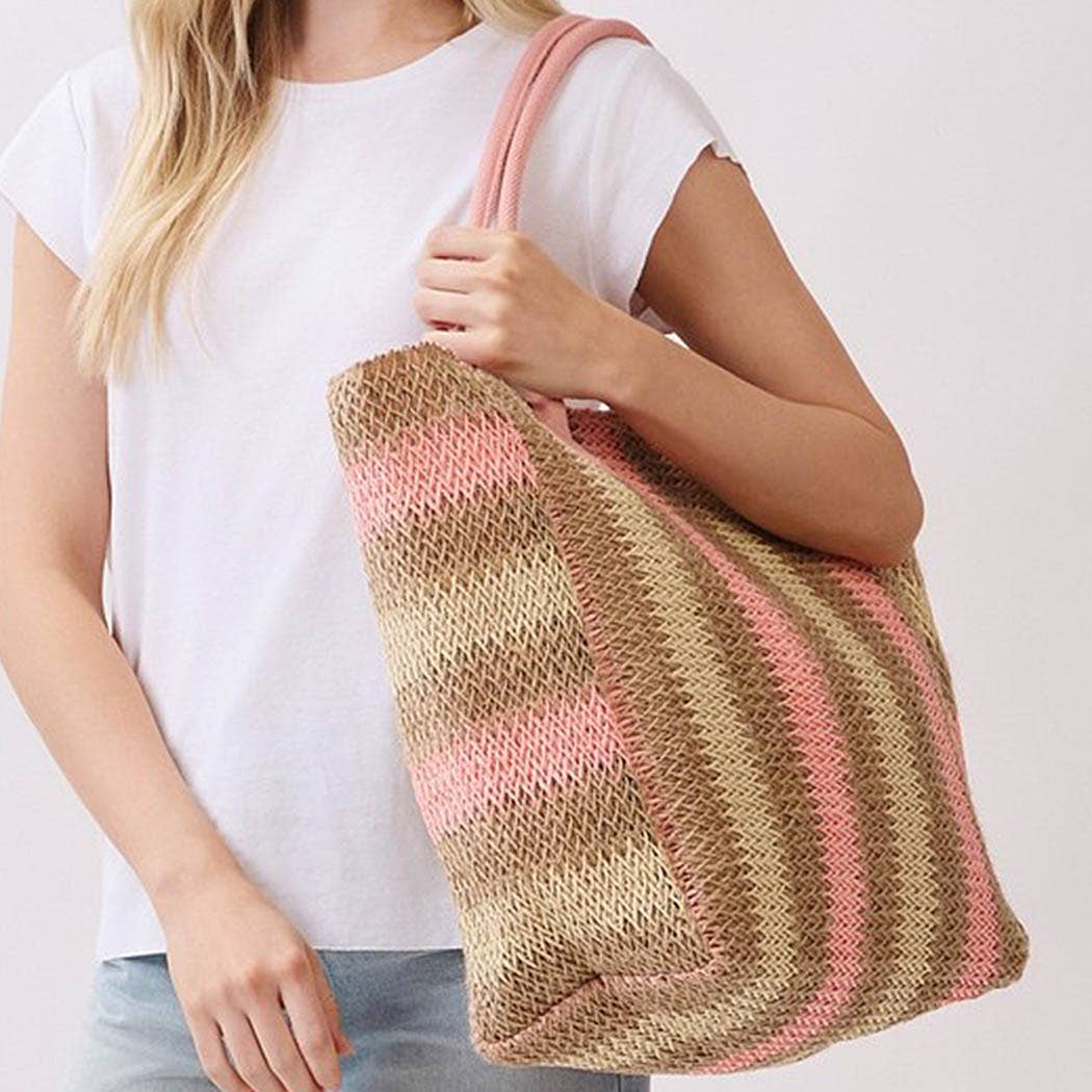 Natural Brown Multi Color Stripe Straw Tote Bag