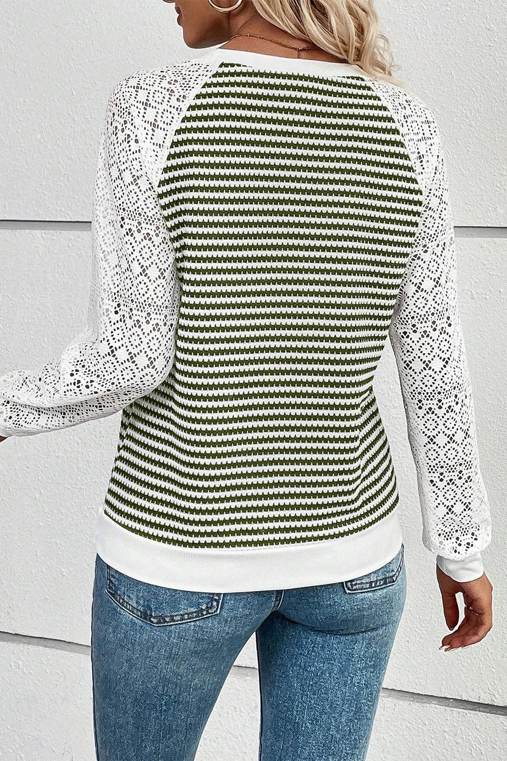 Stripe Textured Knit Contrast Hollowed Lace Patchwork Long Sleeve Top