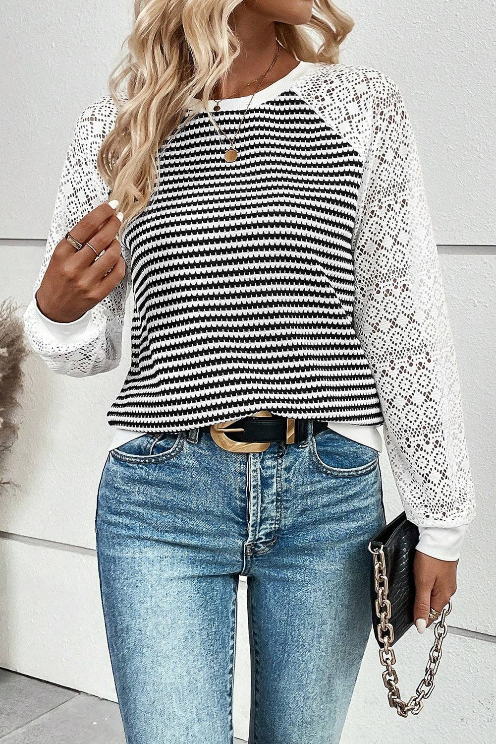 Stripe Textured Knit Contrast Hollowed Lace Patchwork Long Sleeve Top