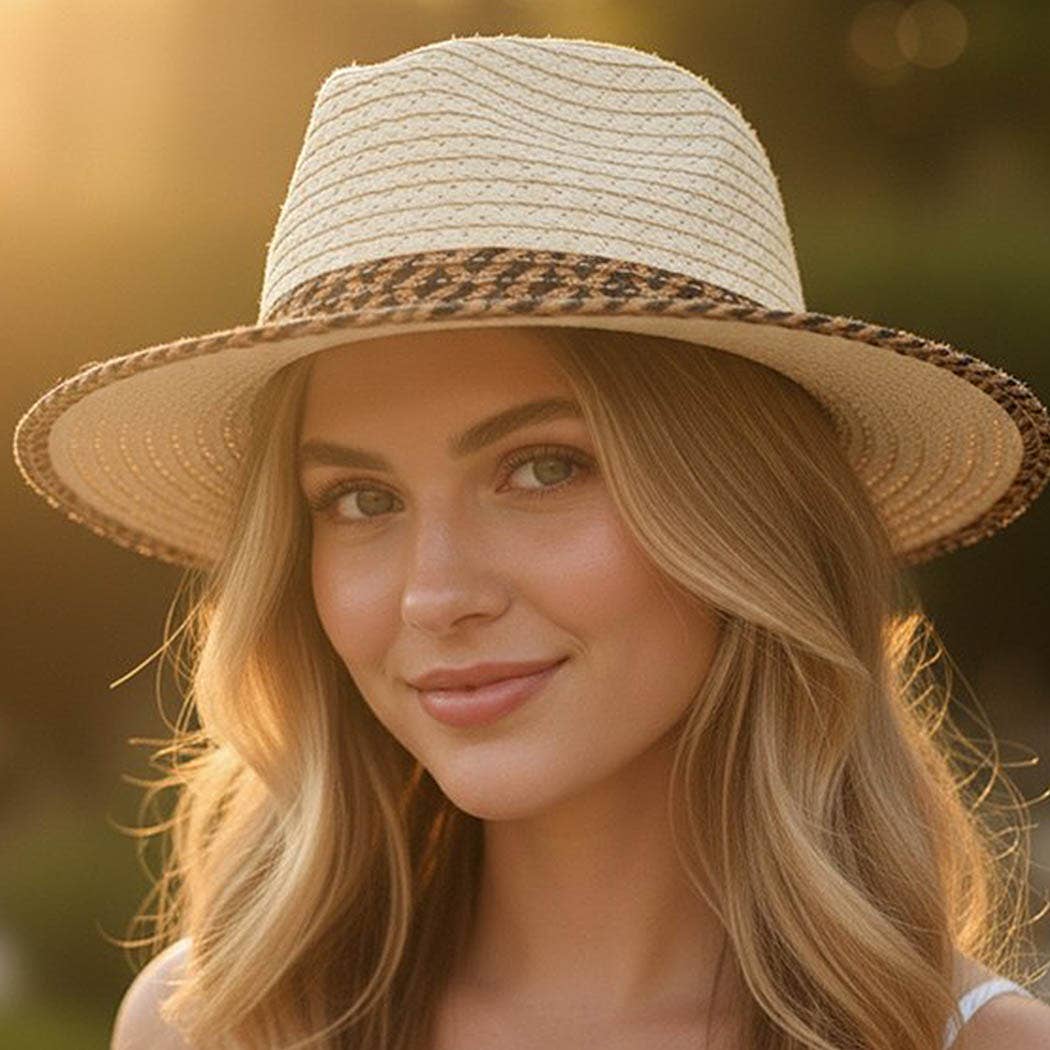 Straw Fedora Hat With Two Tones Geometric Woven Band And Mat