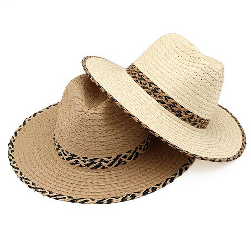 Straw Fedora Hat With Two Tones Geometric Woven Band And Mat