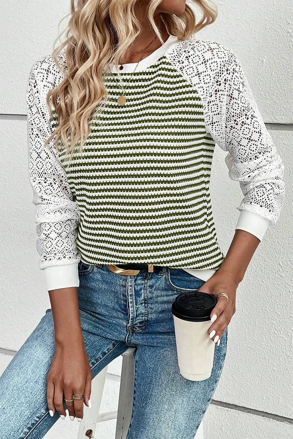 Stripe Textured Knit Contrast Hollowed Lace Patchwork Long Sleeve Top