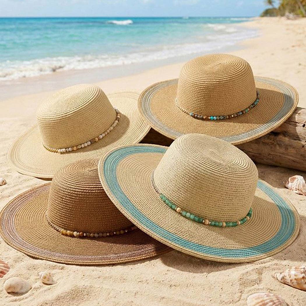 Shimmer Straw Sun Hat With Beaded Band