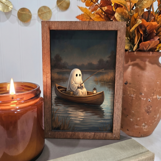 4x6 Wood Block Sign Art- Ghost Fishing Canoe Fall Halloween