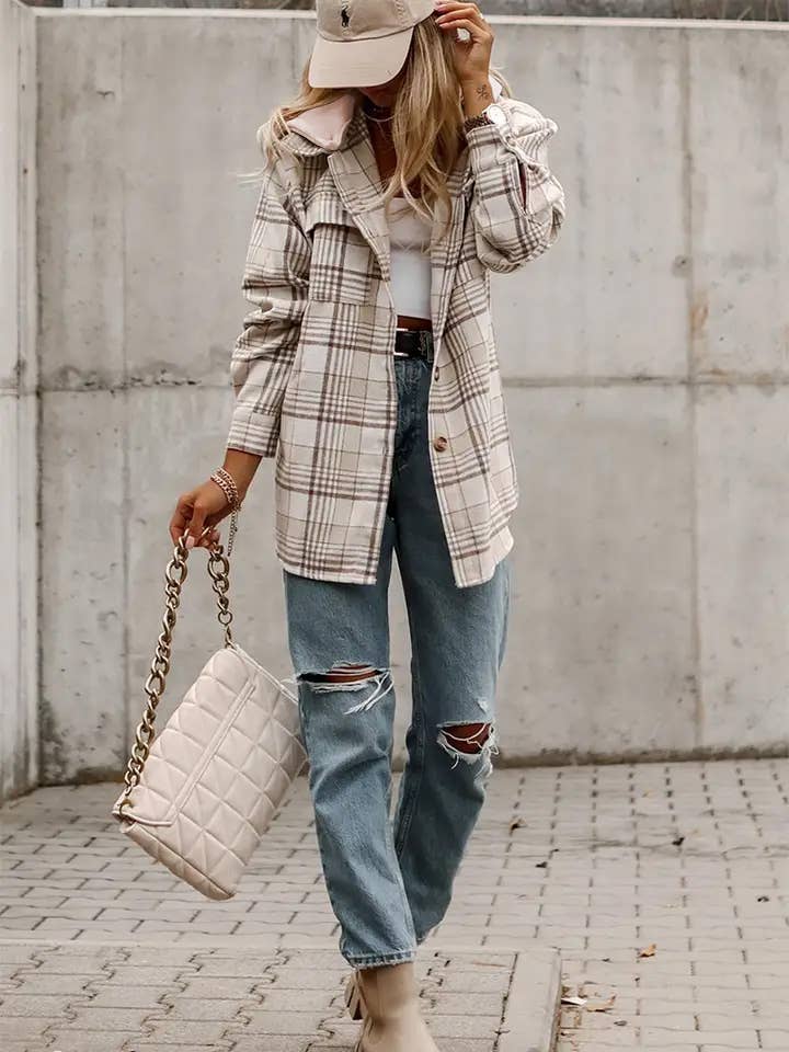 Khaki Plaid Shirt emovable Hood Buttoned Shacket