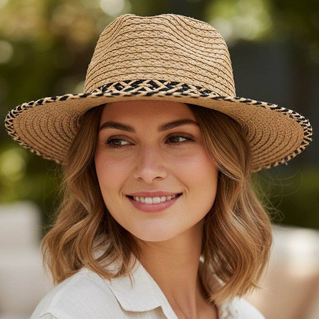 Straw Fedora Hat With Two Tones Geometric Woven Band And Mat