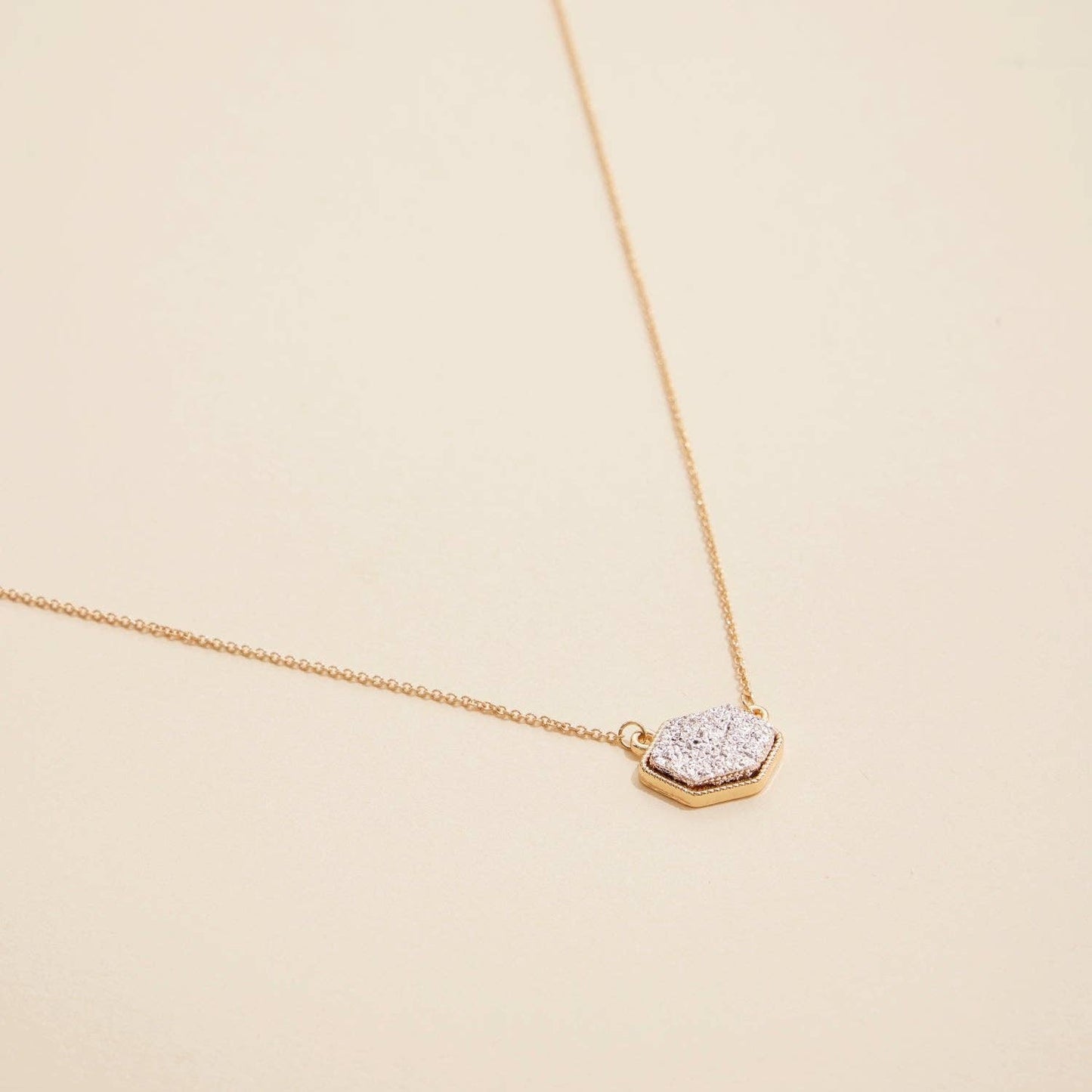 Hexagon Druzy Stone Charm Short Necklace