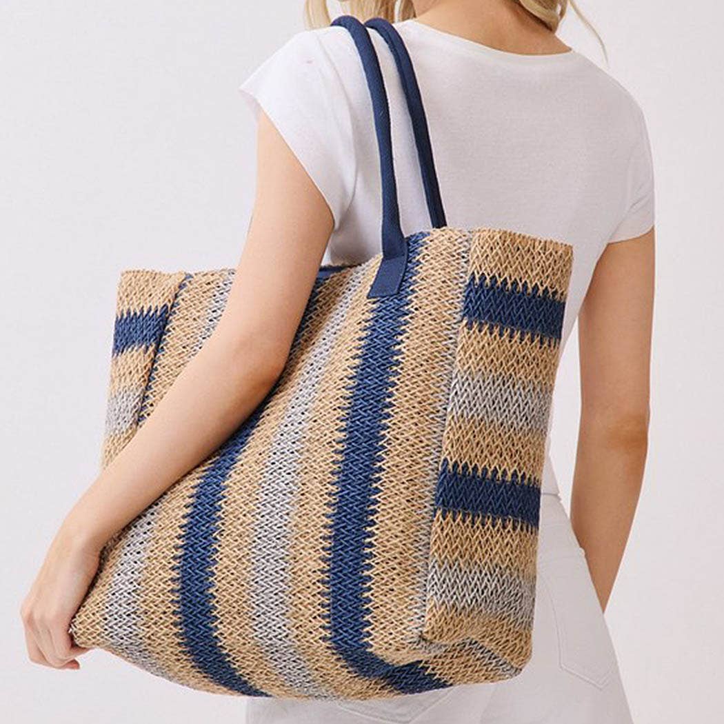 Natural Brown Multi Color Stripe Straw Tote Bag