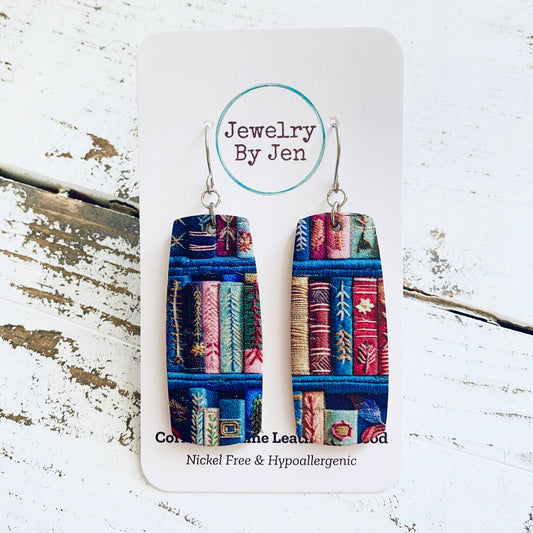 Book Stack Leather Bar Earrings- Book Lover Gift