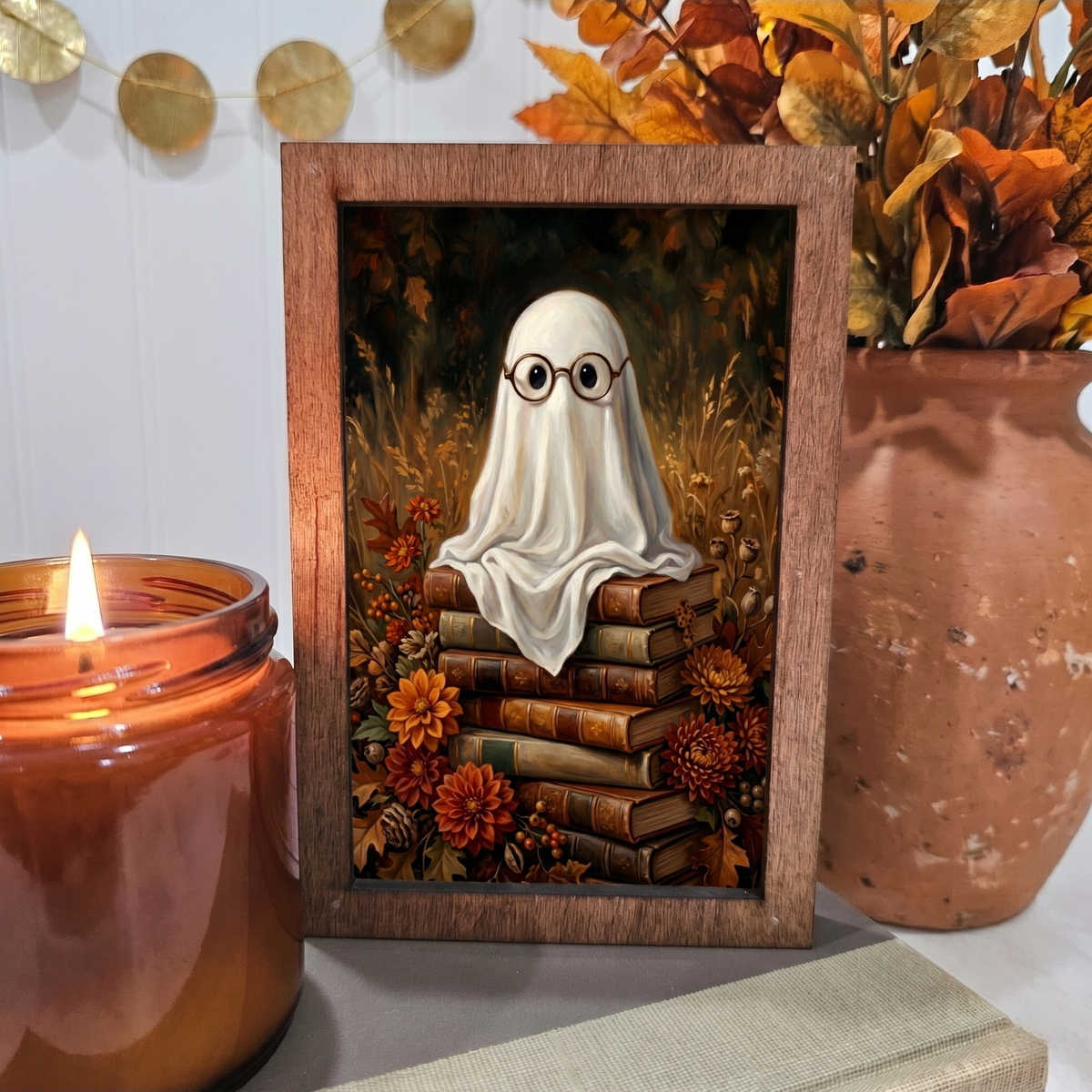 4x6 Wood Block Sign Art- Ghost Glasses on Books Halloween