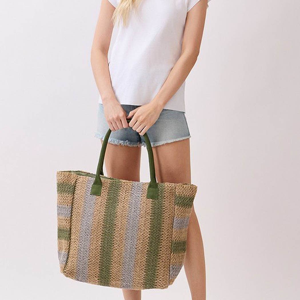 Natural Brown Multi Color Stripe Straw Tote Bag