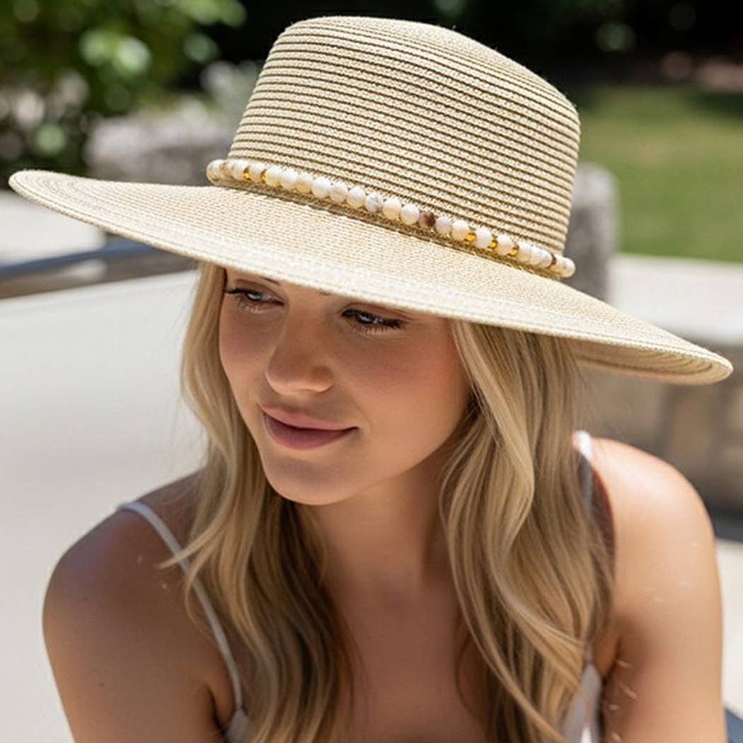 Shimmer Straw Sun Hat With Beaded Band