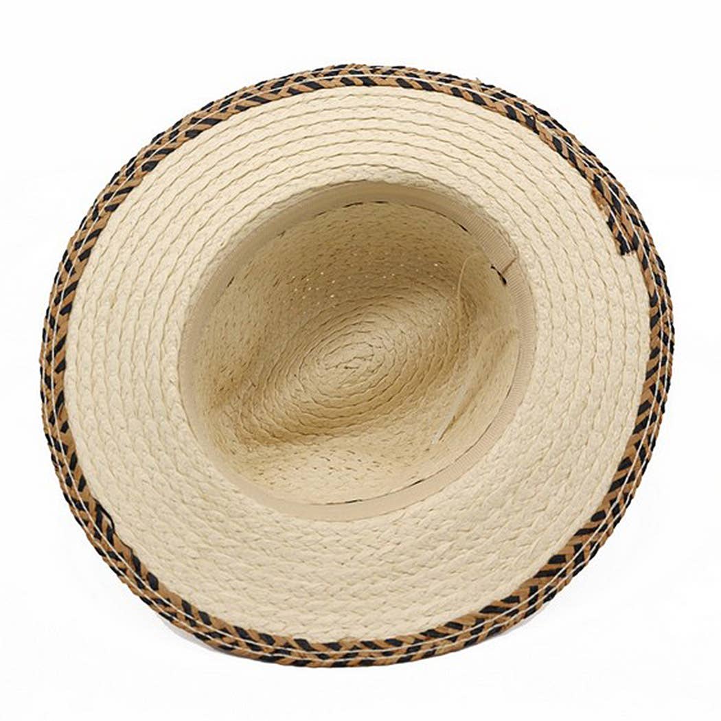Straw Fedora Hat With Two Tones Geometric Woven Band And Mat