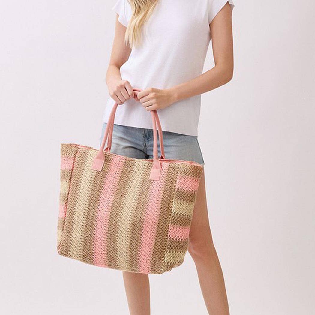 Natural Brown Multi Color Stripe Straw Tote Bag