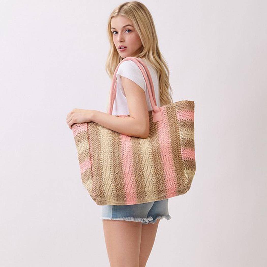 Natural Brown Multi Color Stripe Straw Tote Bag