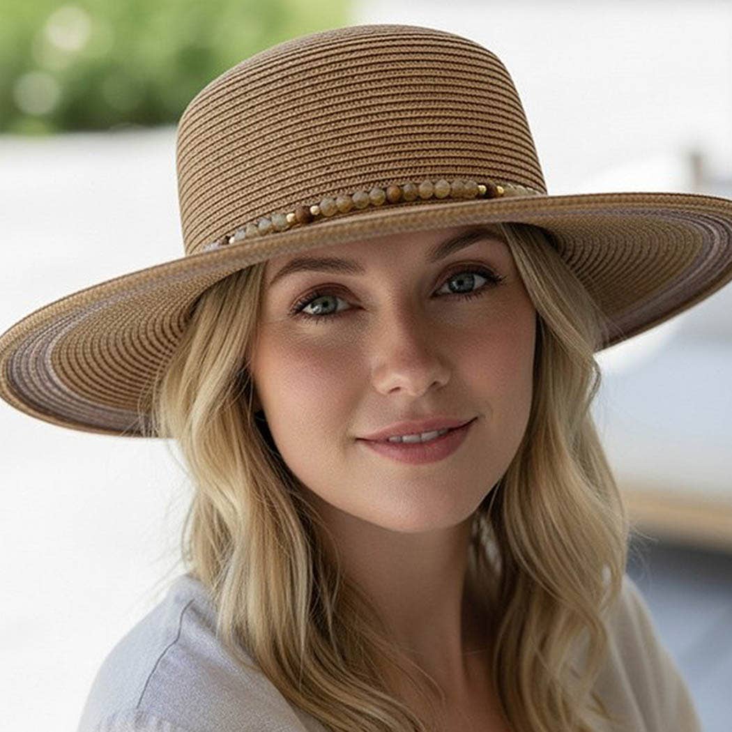 Shimmer Straw Sun Hat With Beaded Band