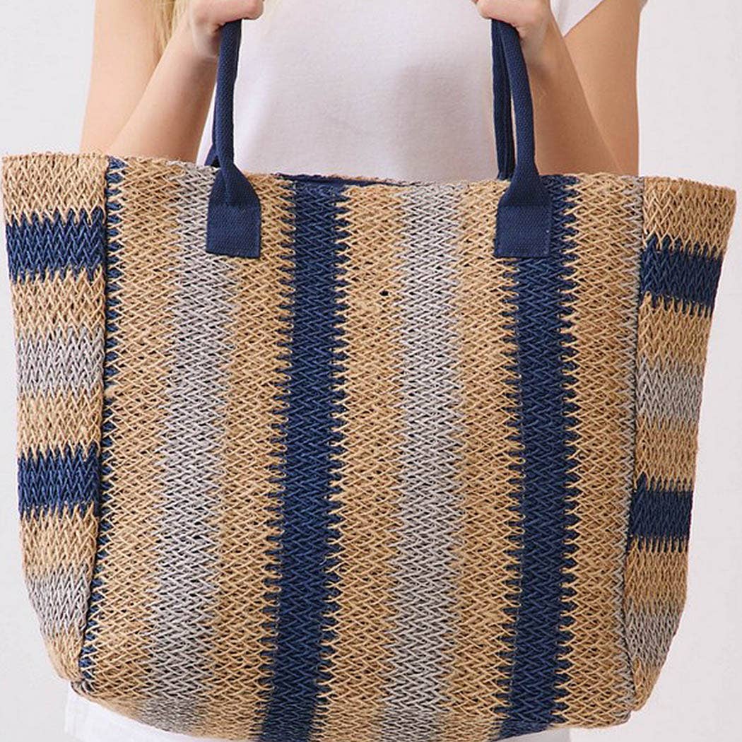 Natural Brown Multi Color Stripe Straw Tote Bag