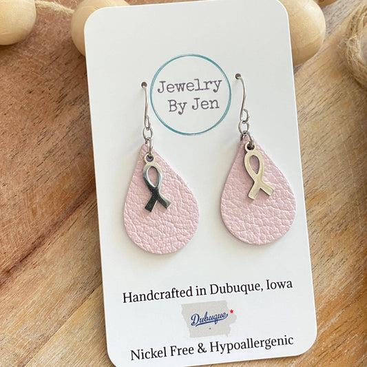 Pink Awareness Ribbon Leather Earrings – Small Teardrop