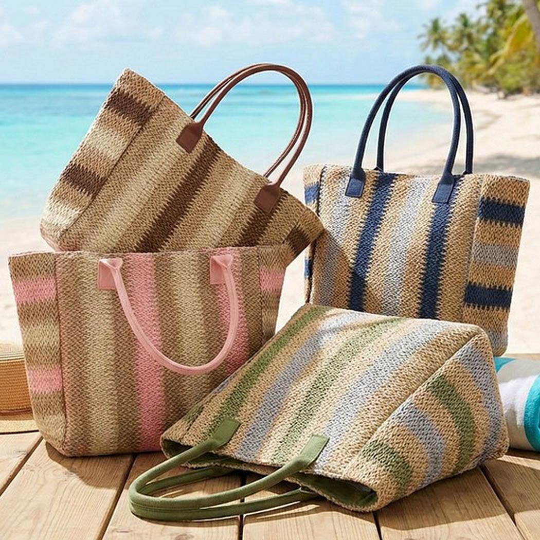 Natural Brown Multi Color Stripe Straw Tote Bag