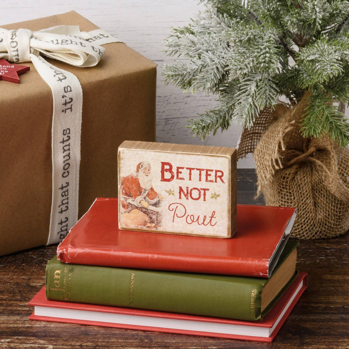 Better Not Pout Mini Block Sign – 2" x 3" Vintage Santa Christmas Decor