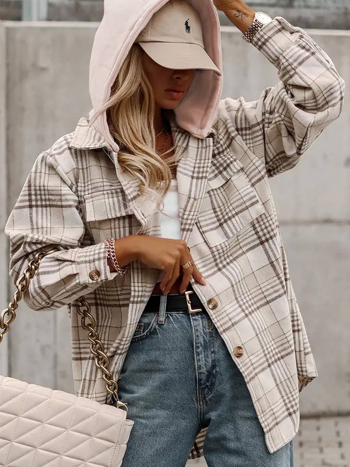 Khaki Plaid Shirt emovable Hood Buttoned Shacket