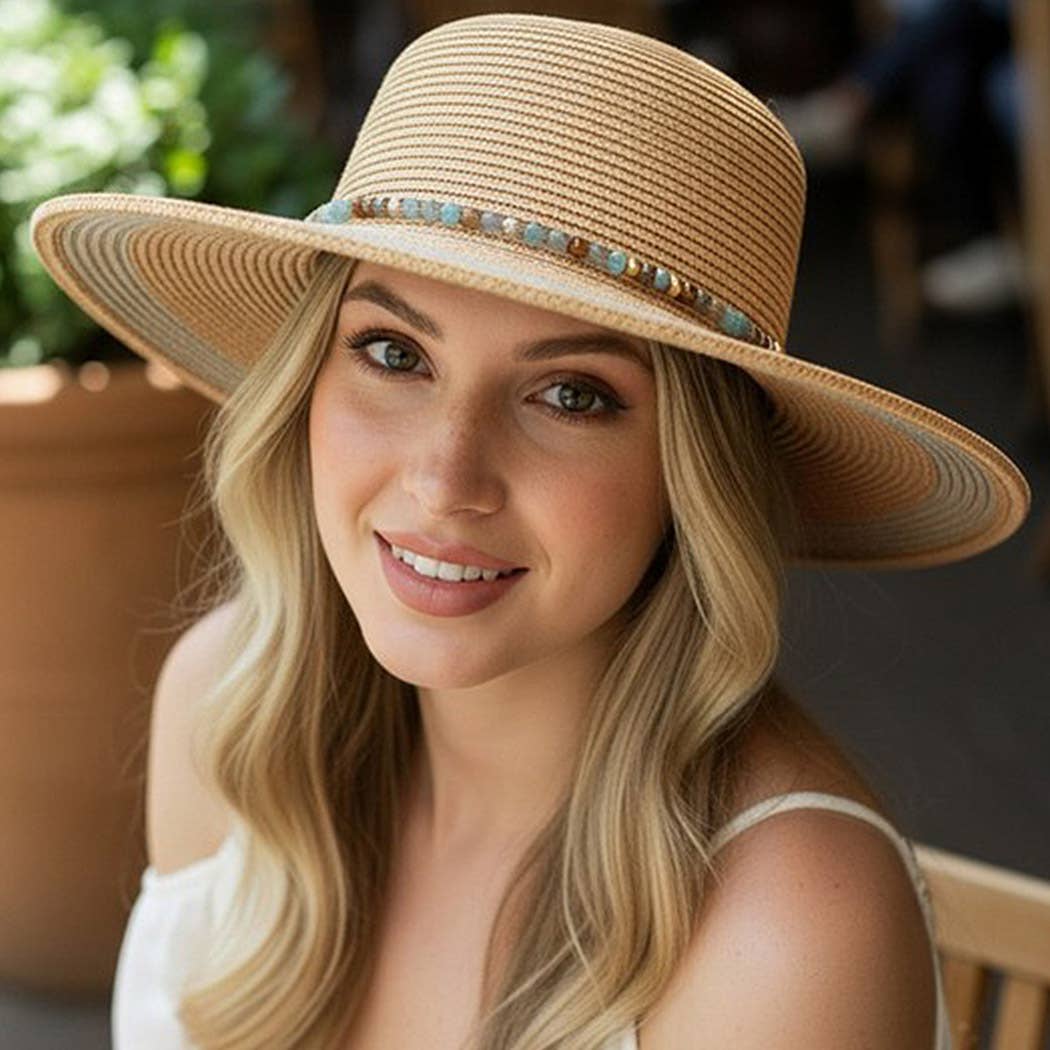 Shimmer Straw Sun Hat With Beaded Band