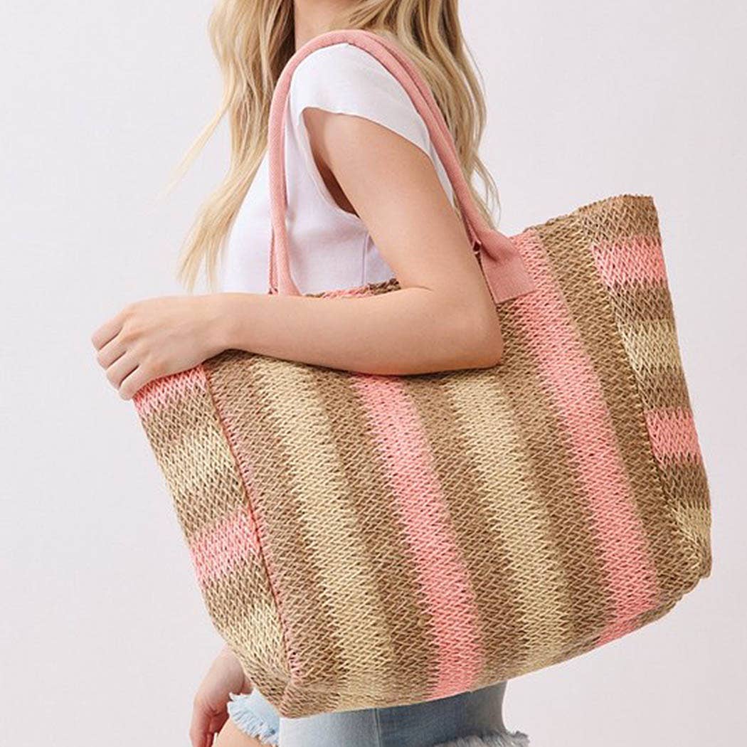 Natural Brown Multi Color Stripe Straw Tote Bag